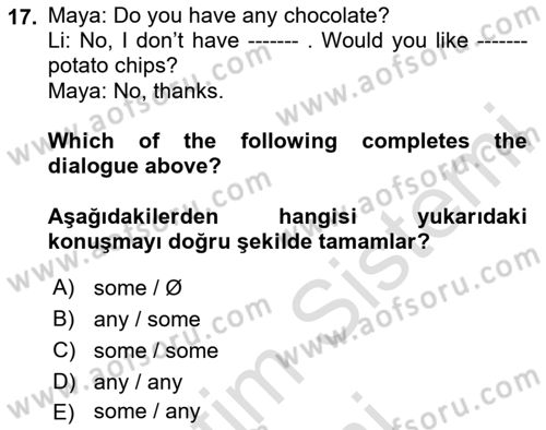 Ingilizce 1 Dersi 2024 - 2025 Yılı (Final) Dönem Sonu Sınav Soruları 17. Soru