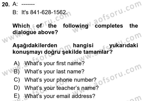 Ingilizce 1 Dersi 2024 - 2025 Yılı (Final) Dönem Sonu Sınav Soruları 20. Soru
