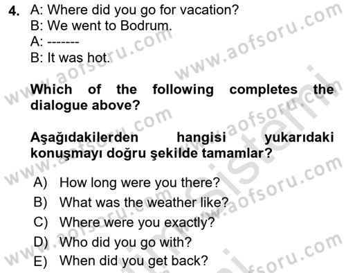Ingilizce 1 Dersi 2024 - 2025 Yılı (Final) Dönem Sonu Sınav Soruları 4. Soru