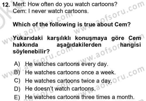 Ingilizce 1 Dersi 2024 - 2025 Yılı Yaz Okulu Sınav Soruları 12. Soru