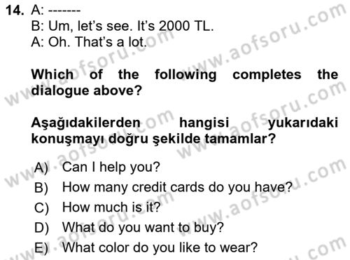 Ingilizce 1 Dersi 2024 - 2025 Yılı Yaz Okulu Sınav Soruları 14. Soru