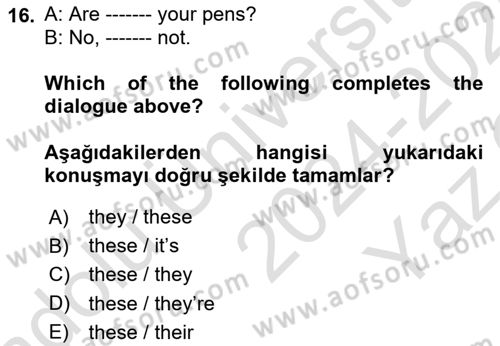 Ingilizce 1 Dersi 2024 - 2025 Yılı Yaz Okulu Sınav Soruları 16. Soru