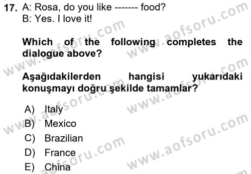 Ingilizce 1 Dersi 2024 - 2025 Yılı Yaz Okulu Sınav Soruları 17. Soru