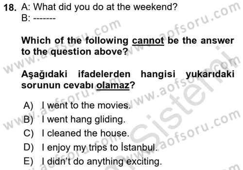 Ingilizce 1 Dersi 2024 - 2025 Yılı Yaz Okulu Sınav Soruları 18. Soru