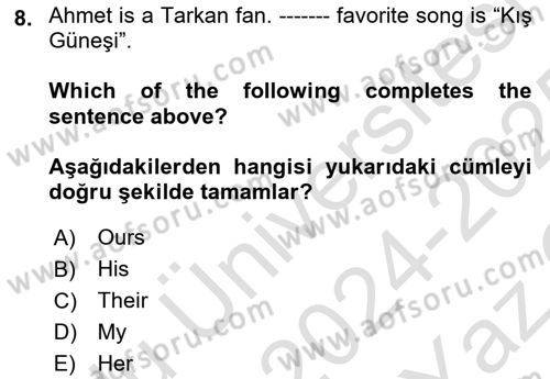 Ingilizce 1 Dersi 2024 - 2025 Yılı Yaz Okulu Sınav Soruları 8. Soru