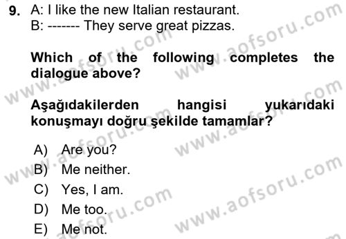 Ingilizce 1 Dersi 2024 - 2025 Yılı Yaz Okulu Sınav Soruları 9. Soru