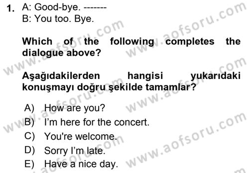 Ingilizce 1 Dersi 2025 - 2026 Yılı (Vize) Ara Sınav Soruları 1. Soru