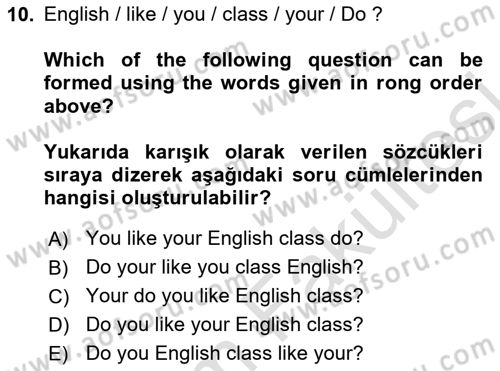 Ingilizce 1 Dersi 2025 - 2026 Yılı (Vize) Ara Sınav Soruları 10. Soru