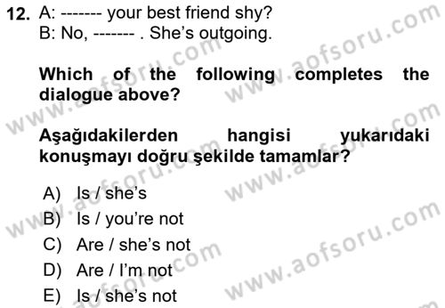 Ingilizce 1 Dersi 2025 - 2026 Yılı (Vize) Ara Sınav Soruları 12. Soru