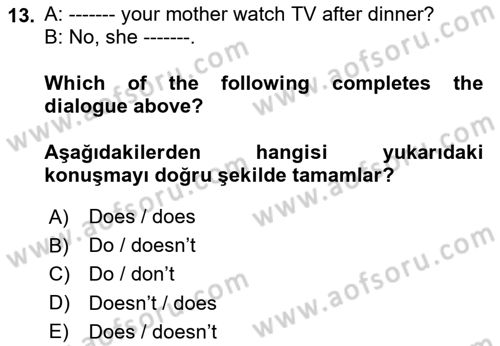 Ingilizce 1 Dersi 2025 - 2026 Yılı (Vize) Ara Sınav Soruları 13. Soru