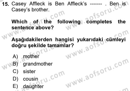 Ingilizce 1 Dersi 2025 - 2026 Yılı (Vize) Ara Sınav Soruları 15. Soru