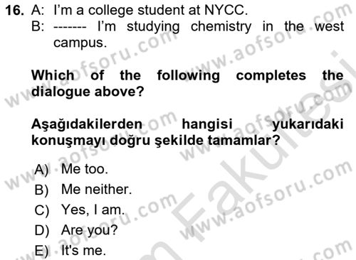 Ingilizce 1 Dersi 2025 - 2026 Yılı (Vize) Ara Sınav Soruları 16. Soru