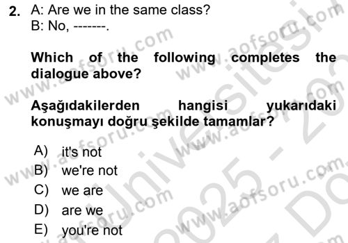 Ingilizce 1 Dersi 2025 - 2026 Yılı (Vize) Ara Sınav Soruları 2. Soru