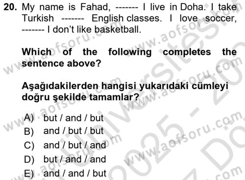 Ingilizce 1 Dersi 2025 - 2026 Yılı (Vize) Ara Sınav Soruları 20. Soru