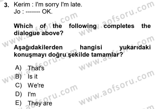 Ingilizce 1 Dersi 2025 - 2026 Yılı (Vize) Ara Sınav Soruları 3. Soru