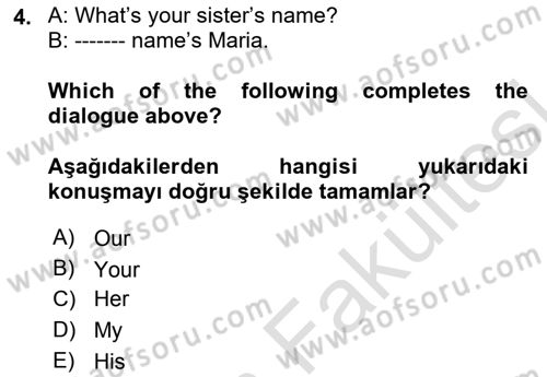 Ingilizce 1 Dersi 2025 - 2026 Yılı (Vize) Ara Sınav Soruları 4. Soru