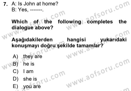 Ingilizce 1 Dersi 2025 - 2026 Yılı (Vize) Ara Sınav Soruları 7. Soru