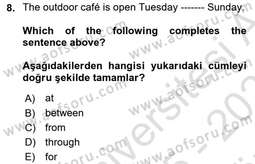 Ingilizce 1 Dersi 2025 - 2026 Yılı (Vize) Ara Sınav Soruları 8. Soru