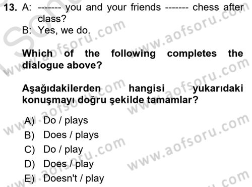 Ingilizce 1 Dersi 2025 - 2026 Yılı (Final) Dönem Sonu Sınav Soruları 13. Soru