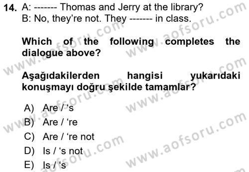 Ingilizce 1 Dersi 2025 - 2026 Yılı (Final) Dönem Sonu Sınav Soruları 14. Soru