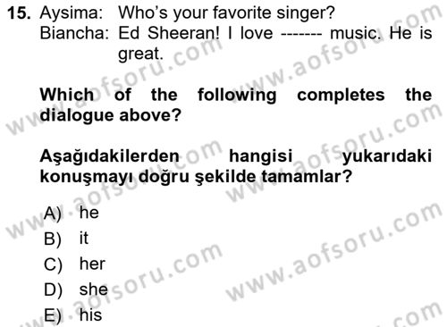Ingilizce 1 Dersi 2025 - 2026 Yılı (Final) Dönem Sonu Sınav Soruları 15. Soru