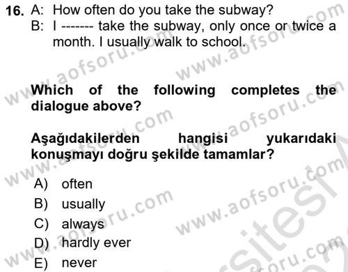 Ingilizce 1 Dersi 2025 - 2026 Yılı (Final) Dönem Sonu Sınav Soruları 16. Soru