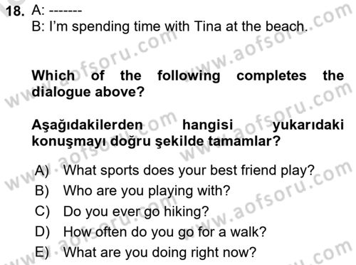 Ingilizce 1 Dersi 2025 - 2026 Yılı (Final) Dönem Sonu Sınav Soruları 18. Soru