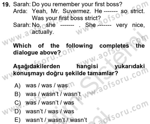Ingilizce 1 Dersi 2025 - 2026 Yılı (Final) Dönem Sonu Sınav Soruları 19. Soru