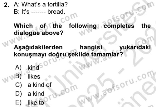 Ingilizce 1 Dersi 2025 - 2026 Yılı (Final) Dönem Sonu Sınav Soruları 2. Soru