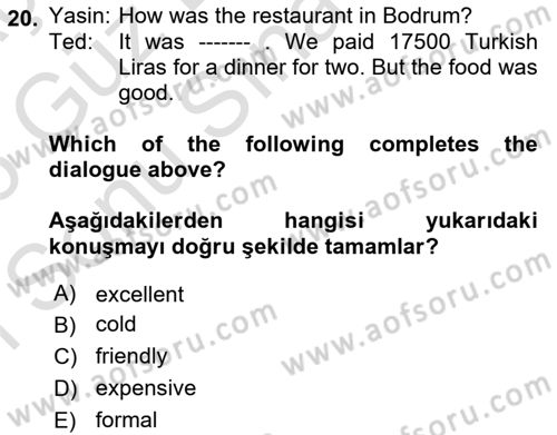 Ingilizce 1 Dersi 2025 - 2026 Yılı (Final) Dönem Sonu Sınav Soruları 20. Soru