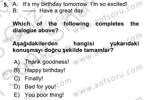 Ingilizce 1 Dersi 2025 - 2026 Yılı (Final) Dönem Sonu Sınav Soruları 5. Soru
