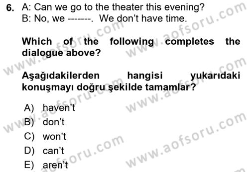 Ingilizce 1 Dersi 2025 - 2026 Yılı (Final) Dönem Sonu Sınav Soruları 6. Soru
