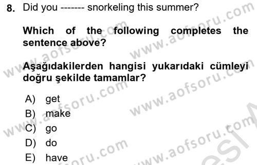 Ingilizce 1 Dersi 2025 - 2026 Yılı (Final) Dönem Sonu Sınav Soruları 8. Soru