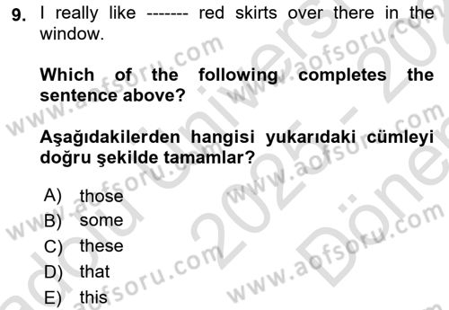 Ingilizce 1 Dersi 2025 - 2026 Yılı (Final) Dönem Sonu Sınav Soruları 9. Soru