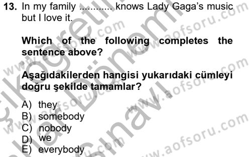 İngilizce 2 Dersi 2012 - 2013 Yılı (Final) Dönem Sonu Sınav Soruları 13. Soru