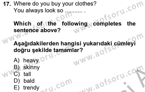 İngilizce 2 Dersi 2012 - 2013 Yılı (Final) Dönem Sonu Sınav Soruları 17. Soru