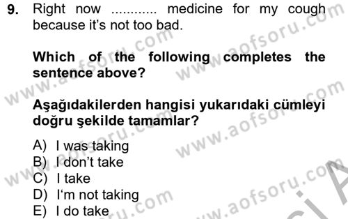 İngilizce 2 Dersi 2012 - 2013 Yılı (Final) Dönem Sonu Sınav Soruları 9. Soru
