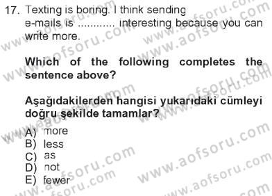 İngilizce 2 Dersi 2012 - 2013 Yılı Tek Ders Sınav Soruları 17. Soru
