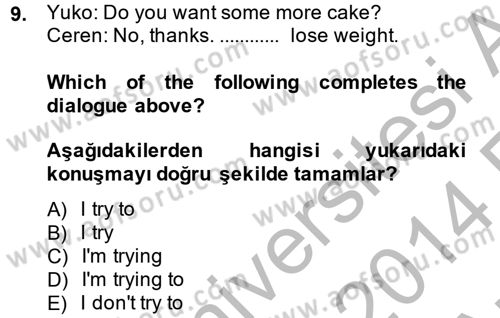 İngilizce 2 Dersi 2013 - 2014 Yılı (Vize) Ara Sınav Soruları 9. Soru