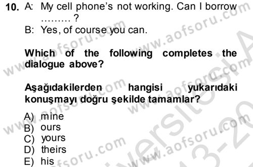 İngilizce 2 Dersi 2013 - 2014 Yılı Tek Ders Sınav Soruları 10. Soru
