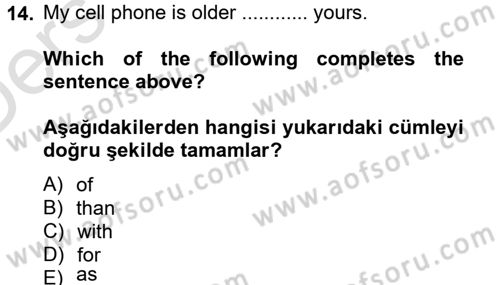 İngilizce 2 Dersi 2013 - 2014 Yılı Tek Ders Sınav Soruları 14. Soru