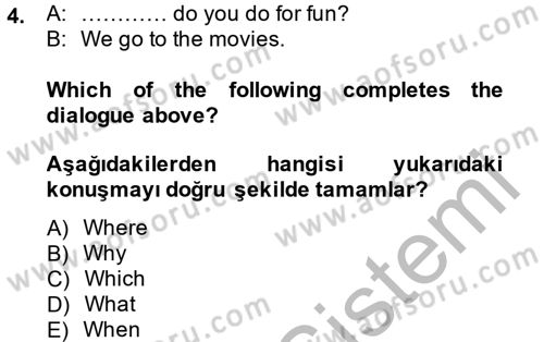 İngilizce 2 Dersi 2014 - 2015 Yılı (Vize) Ara Sınav Soruları 4. Soru