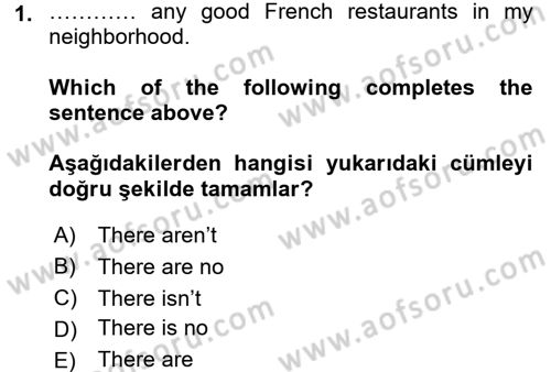 İngilizce 2 Dersi 2015 - 2016 Yılı (Vize) Ara Sınav Soruları 1. Soru