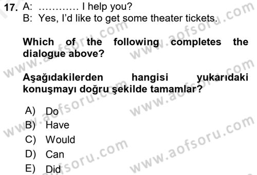 İngilizce 2 Dersi 2015 - 2016 Yılı (Vize) Ara Sınav Soruları 17. Soru