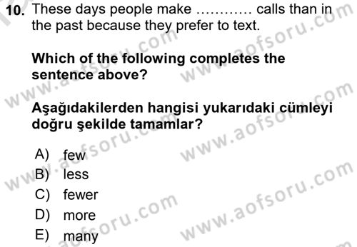 İngilizce 2 Dersi 2015 - 2016 Yılı (Final) Dönem Sonu Sınav Soruları 10. Soru