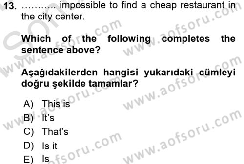 İngilizce 2 Dersi 2015 - 2016 Yılı (Final) Dönem Sonu Sınav Soruları 13. Soru