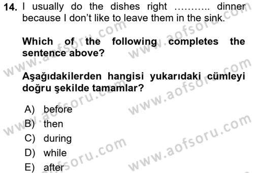 İngilizce 2 Dersi 2015 - 2016 Yılı (Final) Dönem Sonu Sınav Soruları 14. Soru