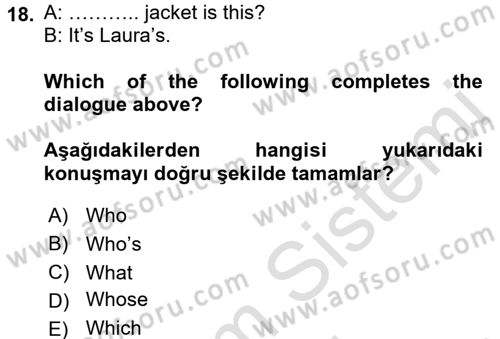 İngilizce 2 Dersi 2015 - 2016 Yılı (Final) Dönem Sonu Sınav Soruları 18. Soru