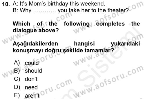 İngilizce 2 Dersi 2015 - 2016 Yılı Tek Ders Sınav Soruları 10. Soru