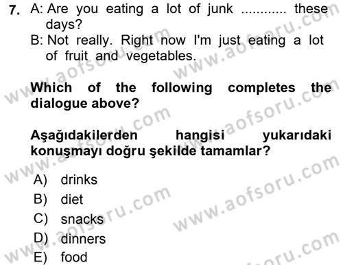 İngilizce 2 Dersi 2015 - 2016 Yılı Tek Ders Sınav Soruları 7. Soru